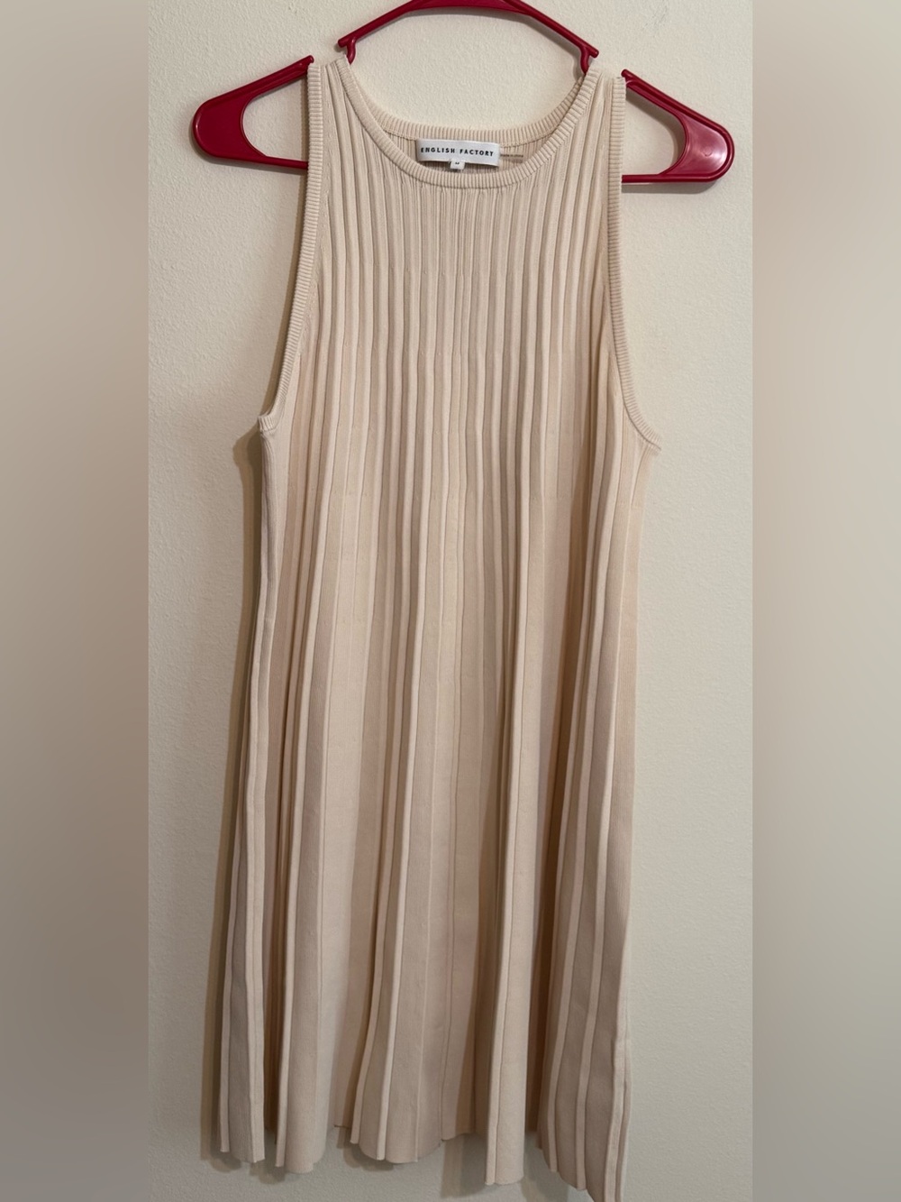English Factory Beige Ribbed Pleated Midi Tank Dress M Ivory